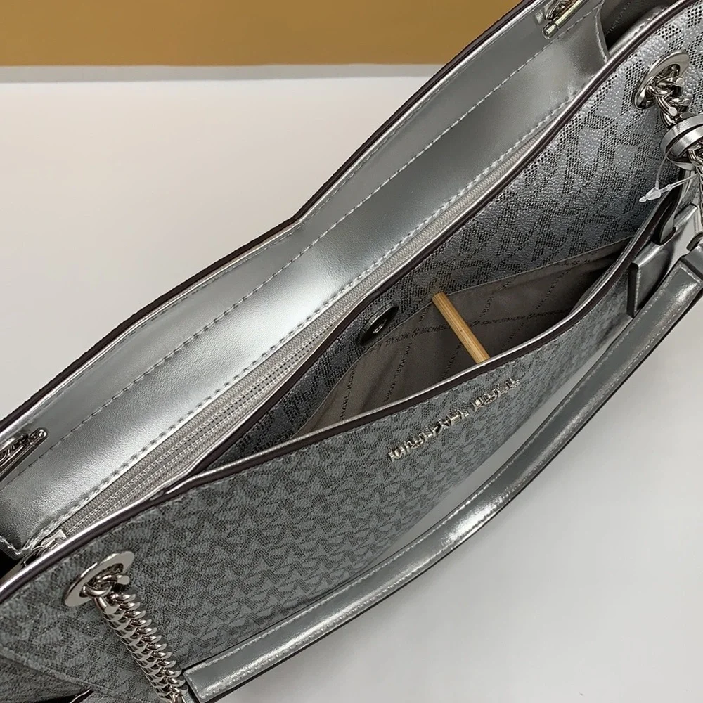 Michael Kors Jet Set Travel Large Chained Tote Shoulder Bag MK  Silver  NWT